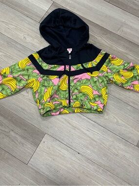 Juicy Couture Black Hooded Crop Top with Yellow Banana & Pink Green Print